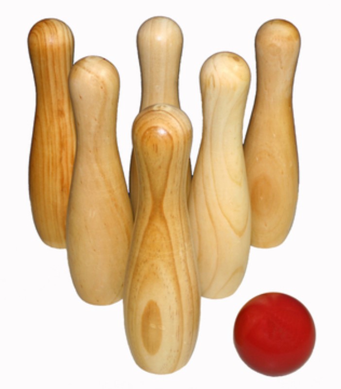 Wooden Skittles game by Great Garden Games, featuring 6 skittles and a colorful ball, perfect for outdoor fun.