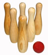 Wooden Skittles game by Great Garden Games, featuring 6 skittles and a colorful ball, perfect for outdoor fun.