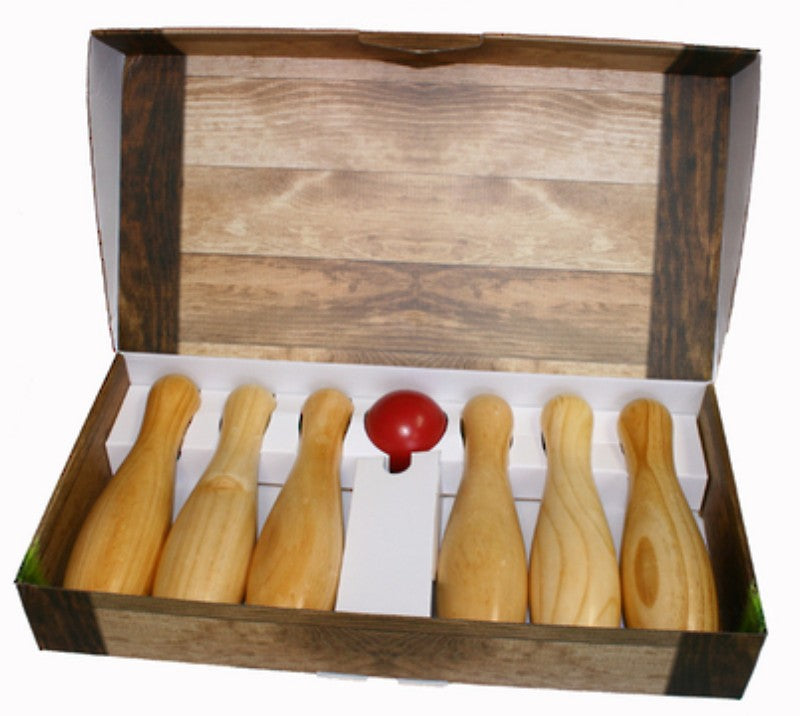 Colorful wooden Skittles game by Great Garden Games, perfect for outdoor fun with friends and family, ages 5+.