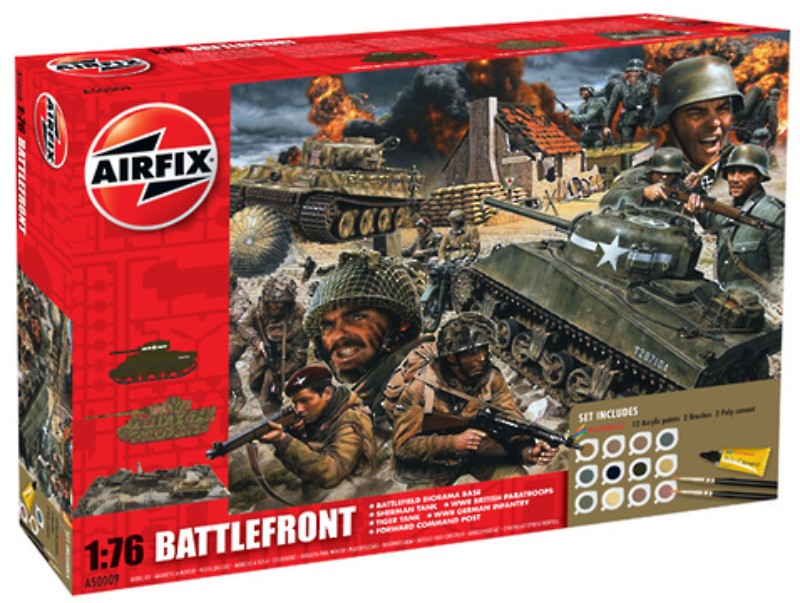 Airfix Battlefront D Day Collection kit featuring Sherman and Tiger tanks, British and German figures, and a diorama base.