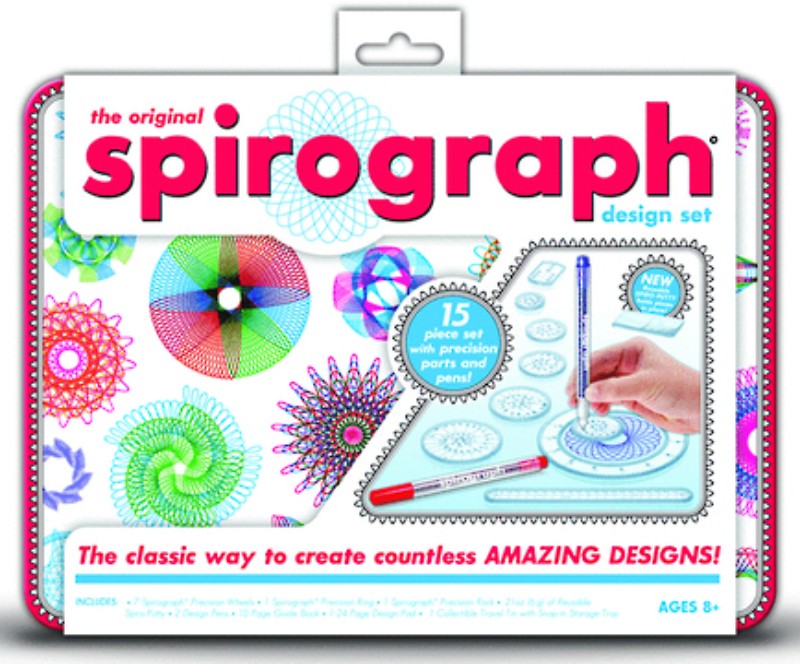 Spirograph Design Set Tin with precision wheels, pens, and design pad for creating intricate patterns and geometric art.