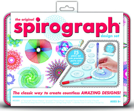 Spirograph Design Set Tin with precision wheels, pens, and design pad for creating intricate patterns and geometric art.