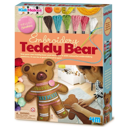 DIY embroidery kit to create a 240mm teddy bear with felt, threads, needles, and stuffing for kids 5+.