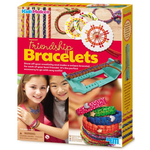 Colorful 4M Craft Friendship Bracelet kit with tools and materials for kids to create unique DIY bracelets and foster creativity.