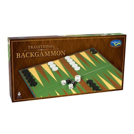A premium Backgammon set featuring 30 intricately designed checkers, for two players aged 8+, made in New Zealand.