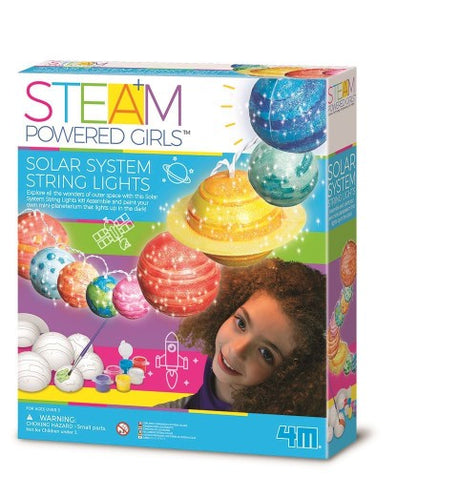 Colorful Solar System String Lights kit for kids, featuring mini-planets and LED lights to inspire creativity in STEAM learning.