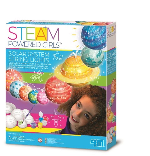 Colorful Solar System String Lights kit for kids, featuring mini-planets and LED lights to inspire creativity in STEAM learning.