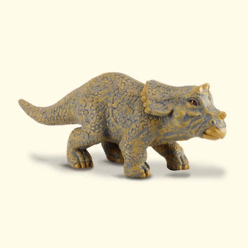 Small Triceratops baby figurine, detailed with a three-horned face, perfect for play or as an educational tool.