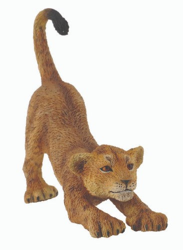 Adorable lion cub figurine by Collecta, intricately crafted in a charming stretching pose, perfect for collectors and children.