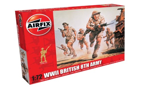 Detailed 1:72 model set featuring 48 British 8th Army figures in authentic North African attire from WWII.