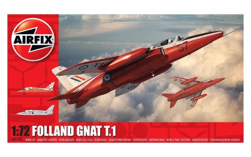 Airfix Folland Gnat T.1 1:72 model kit, detailed replica of iconic RAF jet fighter used for pilot training.