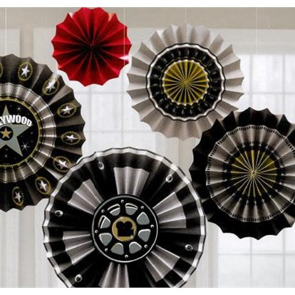 Hollywood-themed paper fans in various sizes, perfect for glamorous party decor and easy assembly. Pack of 6.