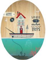 Plywood oval wall art featuring a vibrant nautical design, perfect for enhancing home decor and sustainable living.