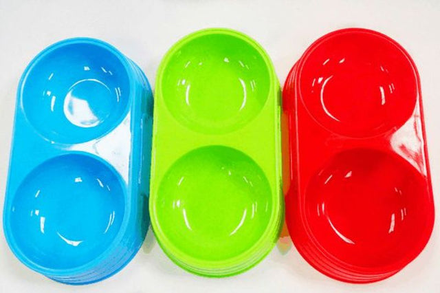 Set of 12 assorted twin pet bowls (25cm) for serving food and water to dogs and cats, stylish and easy to clean.