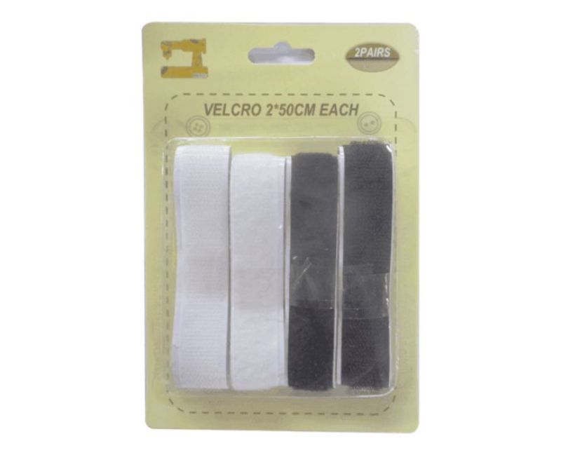 Image of Sticky Velcro strips, 50cm lengths, 2 pairs per pack, ideal for organizing, crafting, and securing items.