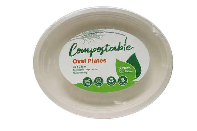 Compostable oval plates made from sugarcane fiber, eco-friendly, BPA-free, perfect for parties and reducing waste.