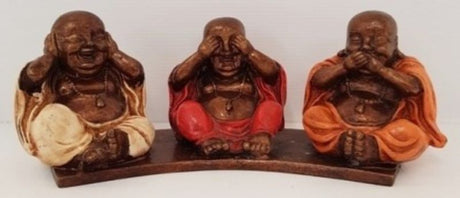 Tranquil Hear, Speak, See No Evil Buddhas Set of 3, crafted from durable polyresin, enhancing home decor with mindfulness.