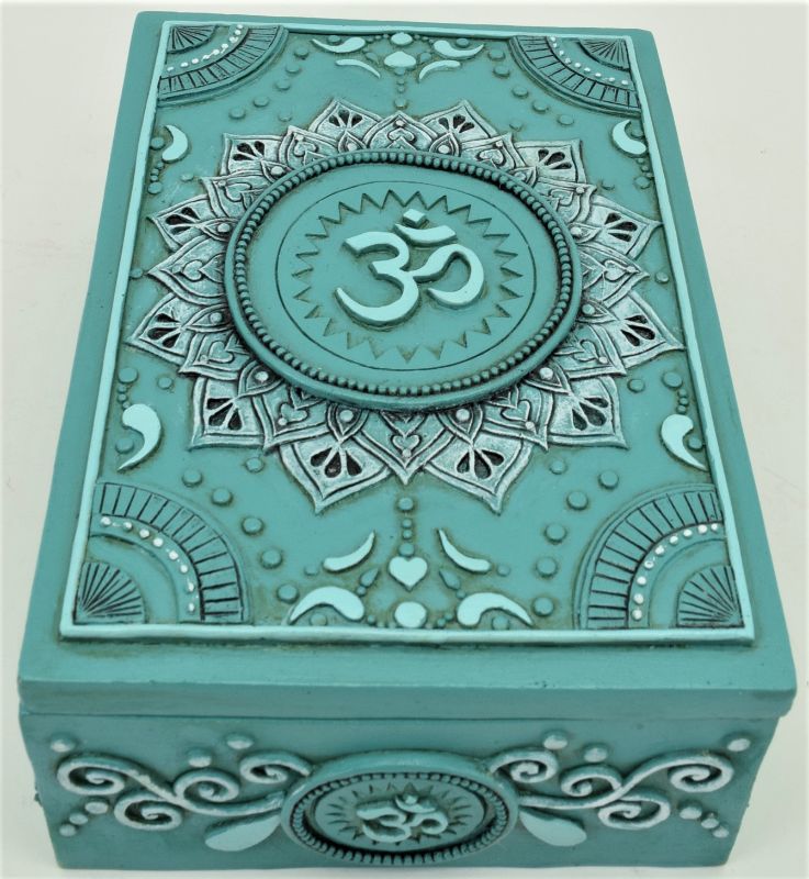 Teal tarot box featuring an Ohm symbol, perfect for storing cards and trinkets, measures 14 x 10 x 6 cm.