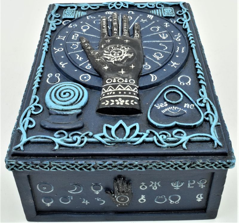 Tarot Box in vibrant blue with palm design, 14cm, perfect for storing tarot cards and palmistry tools elegantly.