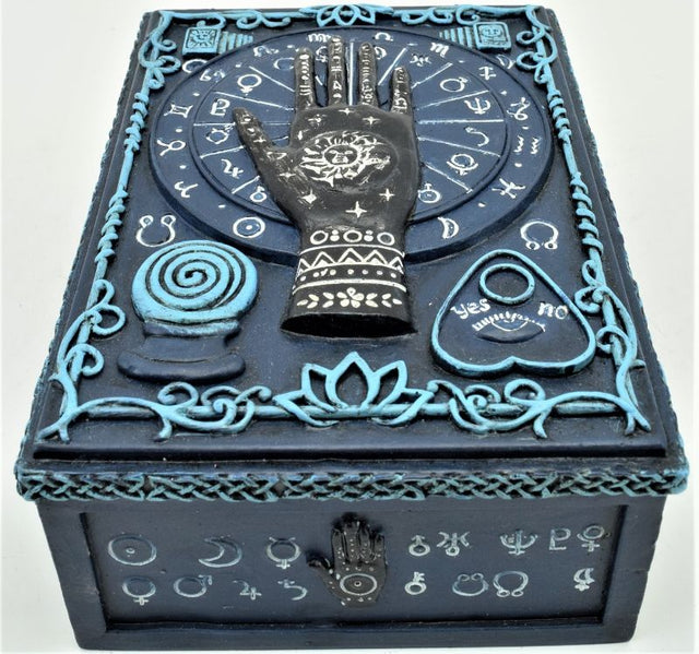 Tarot Box in vibrant blue with palm design, 14cm, perfect for storing tarot cards and palmistry tools elegantly.