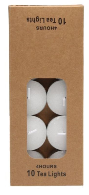 Set of 10 tealight candles, each burning for 4 hours, perfect for creating a warm ambiance in any setting.