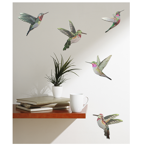 Vibrant polypropylene hummingbirds in flight for unique wall decor, ideal for personalizing any living space.