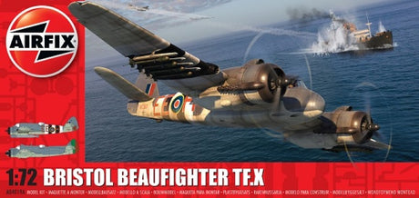 Detailed model kit of the Airfix 1/72 Bristol Beaufighter TF.X, featuring dual seats and customizable camouflage options.