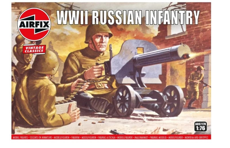 Detailed Airfix Russian Infantry WWII figures, showcasing Red Army soldiers in various poses for model enthusiasts and history buffs.