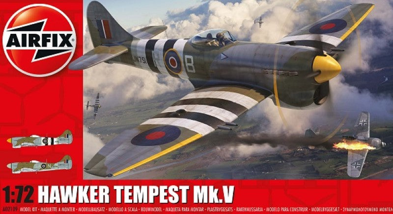 1/72 scale model kit of the Hawker Tempest Mk.V, featuring 68 detailed pieces and a wingspan of 173 mm, perfect for aviation enthusiasts.