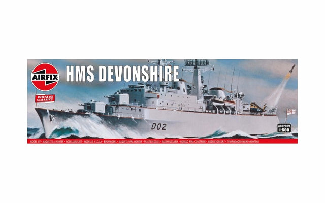 A detailed 1/600 scale model of HMS Devonshire, showcasing its iconic design and authentic Seaslug missile system.