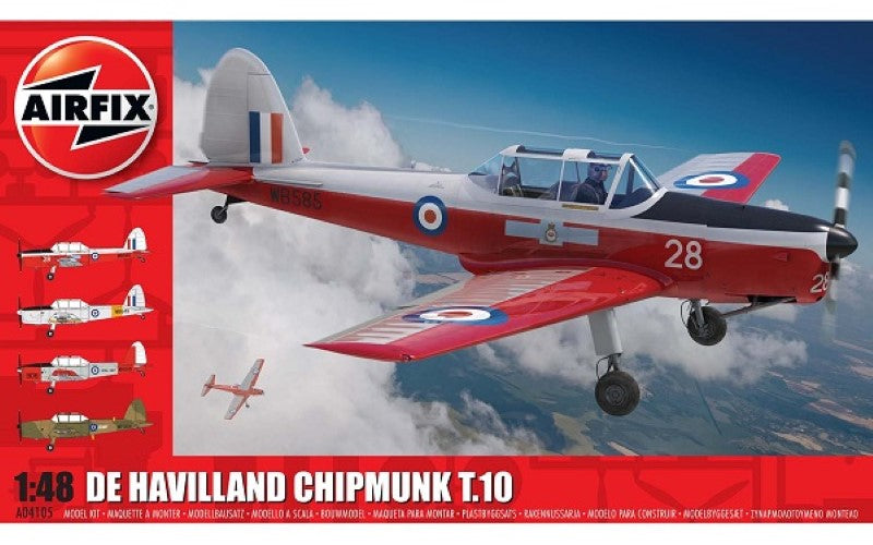 Airfix 1/48 de Havilland Chipmunk T.10 model kit, featuring 84 pieces, 4 schemes, and a 217 mm wingspan for aviation enthusiasts.