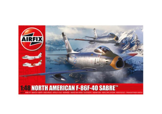 Detailed Airfix F-86F-40 Sabre model kit showcasing its iconic swept-wing design and enhanced dogfighting features.