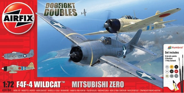 Alt text: Model kit featuring 1/72 Grumman F4F-4 Wildcat and Mitsubishi Zero for WWII dogfighting recreations, includes paints and brushes.