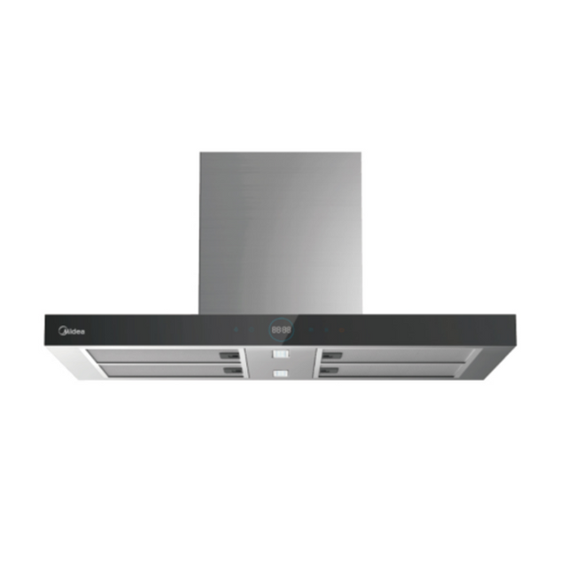 Stainless steel Midea 90cm T-Shape Island Rangehood with touch control, 1100 m³/h airflow, and delay-off feature for efficient air management.