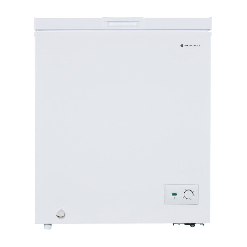 White Parmco 142L Chest Freezer, compact design with mechanical control, 3-star energy rating, and easy relocation features.