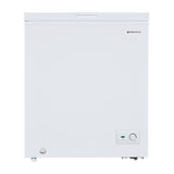 White Parmco 142L Chest Freezer, compact design with mechanical control, 3-star energy rating, and easy relocation features.