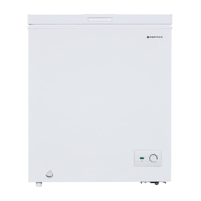 White Parmco 142L Chest Freezer, compact design with mechanical control, 3-star energy rating, and easy relocation features.