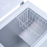 White Parmco 142L chest freezer with mechanical temperature control, roller wheels, and spacious design for frozen food storage.