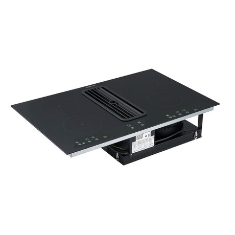 Sleek black 800mm induction downdraft cooktop with 4 zones, touch controls, and efficient ventilation for modern kitchens.