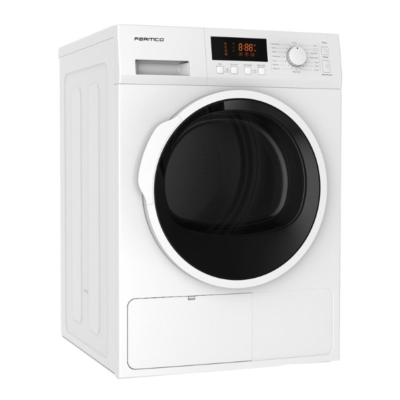 Parmco 8KG Heat Pump Dryer in white, featuring 7-star energy efficiency, 15 drying programs, and child lock safety.