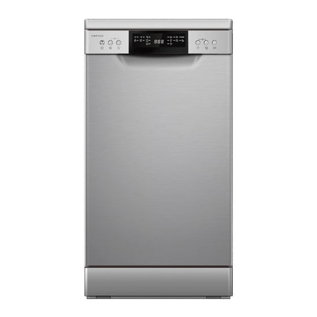 Stainless steel Parmco 450mm Economy Plus Dishwasher with 10 place settings and 7 wash programs for efficient, compact cleaning.