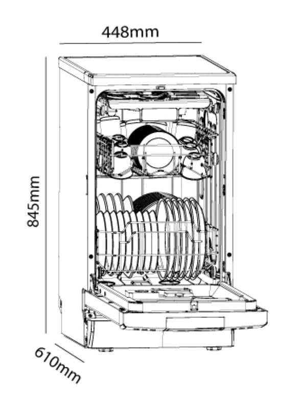 Compact stainless steel Parmco 450mm dishwasher with 10 place settings, 7 programs, and quiet 49dB operation.