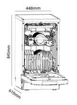 Compact stainless steel Parmco 450mm dishwasher with 10 place settings, 7 programs, and quiet 49dB operation.