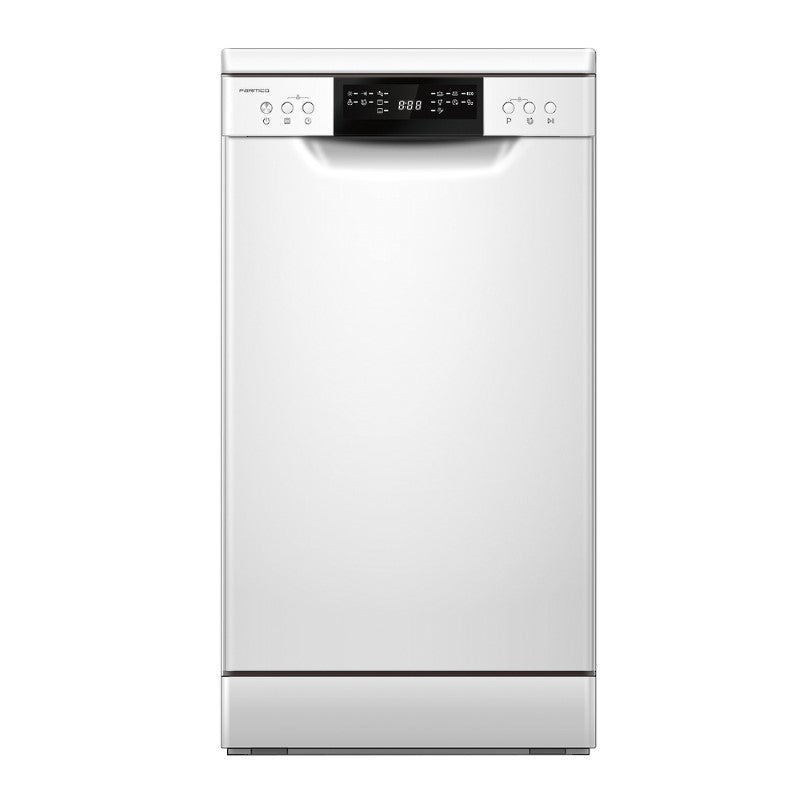 Compact Parmco 450mm Economy Plus dishwasher in white, featuring 10 place settings and 7 wash programs for efficient cleaning.