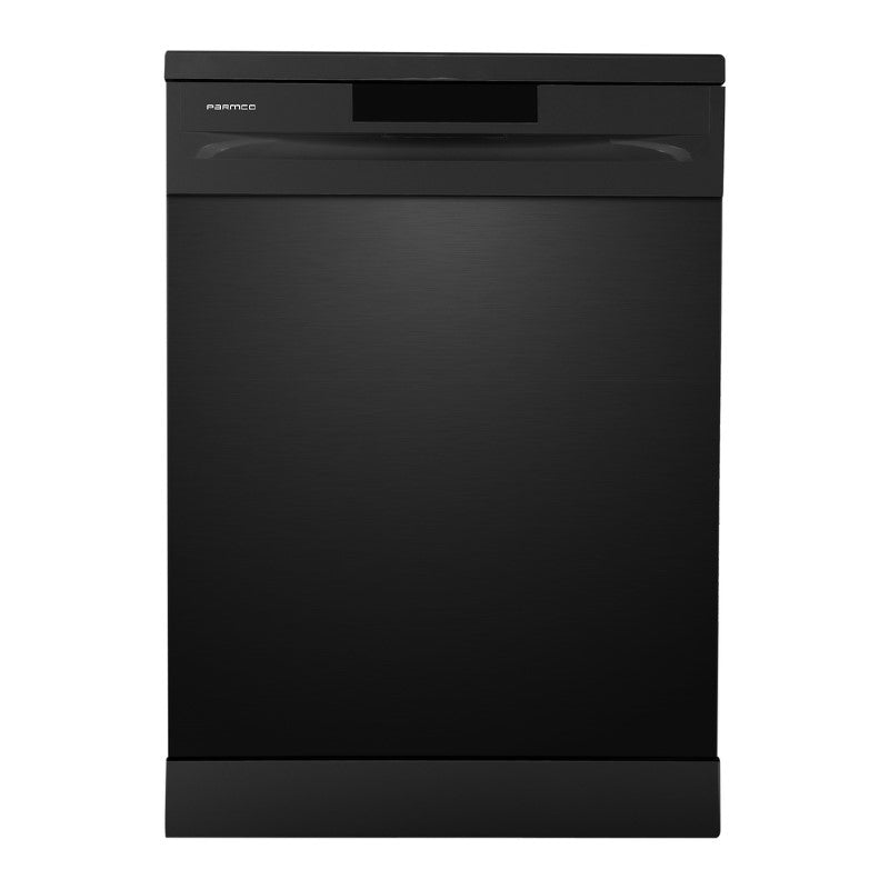 Sleek black 600mm Parmco freestanding dishwasher with LED display, 15 place settings, 5 wash programs, and energy-efficient features.