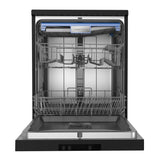 Sleek black Parmco freestanding dishwasher with 15 place settings, LED display, dual zone wash, and 7-year warranty.