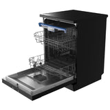 Black Parmco freestanding dishwasher with LED display, 15 place settings, 5 wash programs, and efficient Dual Zone Wash feature.