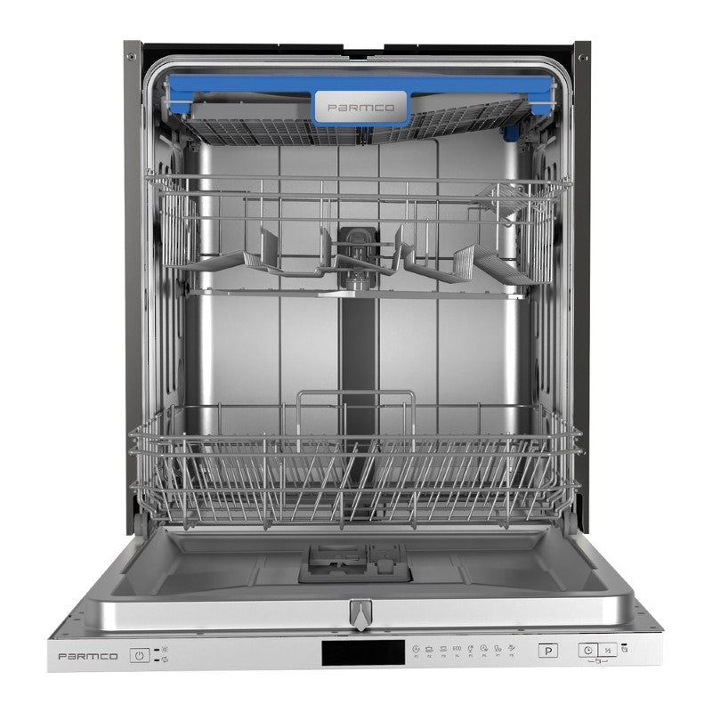 Stainless steel 600mm Parmco Integrated Dishwasher with 14 place settings, 8 wash programs, and energy-efficient design.