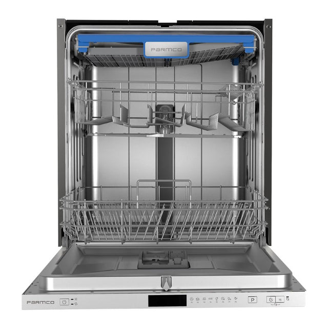 Stainless steel 600mm Parmco Integrated Dishwasher with 14 place settings, 8 wash programs, and energy-efficient design.