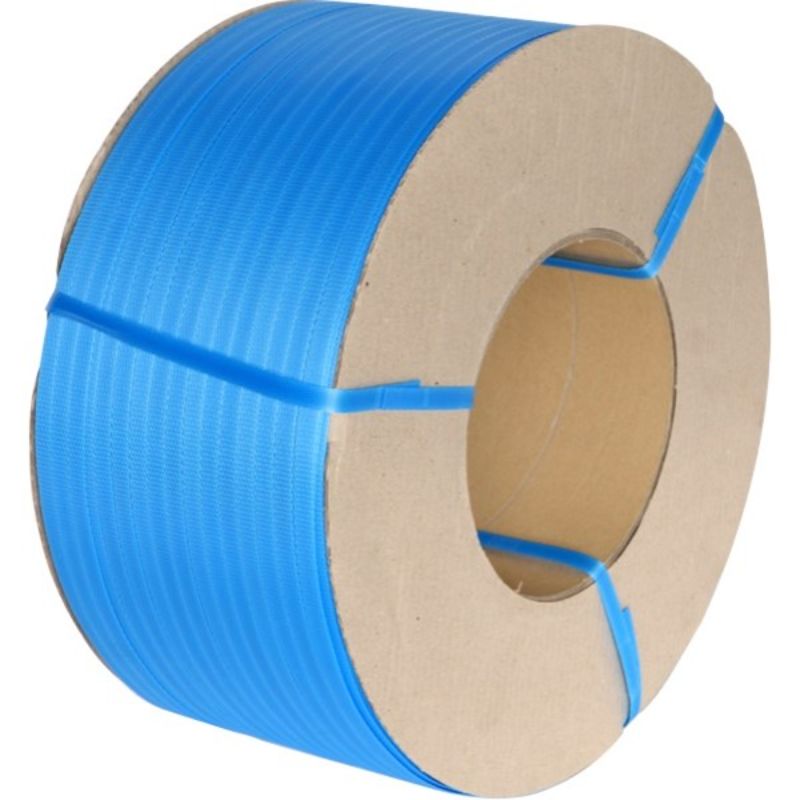 Blue polypropylene strapping band, 12mm x 3000m, 0.65mm thickness, strong and flexible for efficient palletizing and bundling.